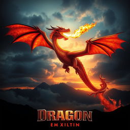 A visually stunning movie poster showcasing a fire-breathing dragon soaring majestically through a dramatic sky