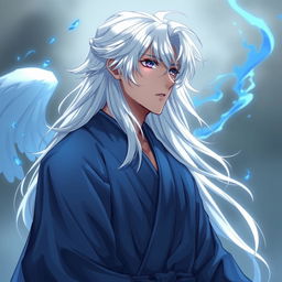 A man with striking anime features, wearing a flowing blue kimono that gently billows around him