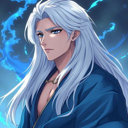 A man with striking anime features, wearing a flowing blue kimono that gently billows around him