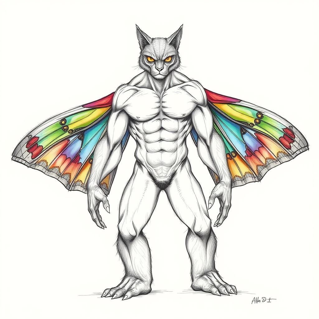 An anatomical sketch of a fantastical creature resembling a man, featuring striking cat eyes that radiate an intense gaze