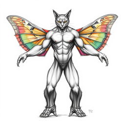 An anatomical sketch of a fantastical creature resembling a man, featuring striking cat eyes that radiate an intense gaze