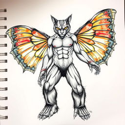 An anatomical sketch of a fantastical creature resembling a man, featuring striking cat eyes that radiate an intense gaze