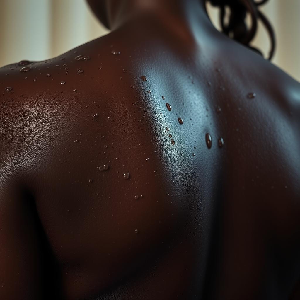 A stunning close-up of a real wet ebony backside, glistening with water droplets that reflect soft ambient light