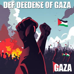 A powerful and emotional poster depicting the defense of Gaza, featuring symbolic imagery that reflects resilience and solidarity
