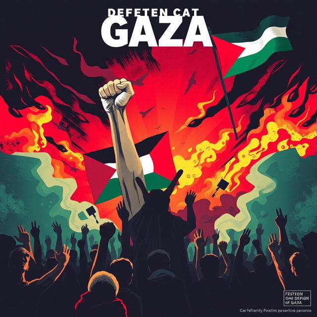 A powerful and emotional poster depicting the defense of Gaza, featuring symbolic imagery that reflects resilience and solidarity