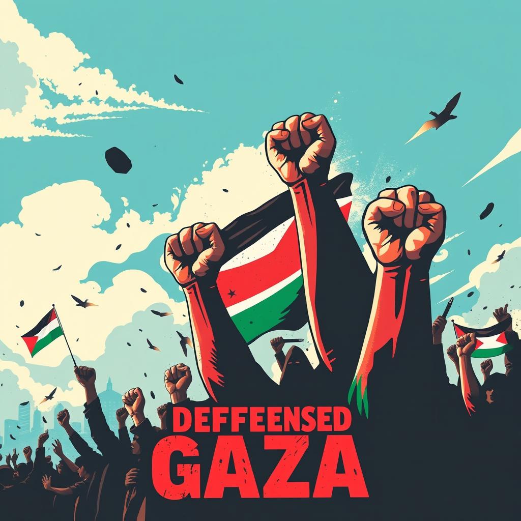 A powerful and emotional poster depicting the defense of Gaza, featuring symbolic imagery that reflects resilience and solidarity