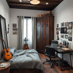 A cozy 15-square-meter room with a rich dark wood theme and white walls adorned with vintage photographs and Polaroids