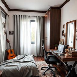 A cozy 15-square-meter room with a rich dark wood theme and white walls adorned with vintage photographs and Polaroids