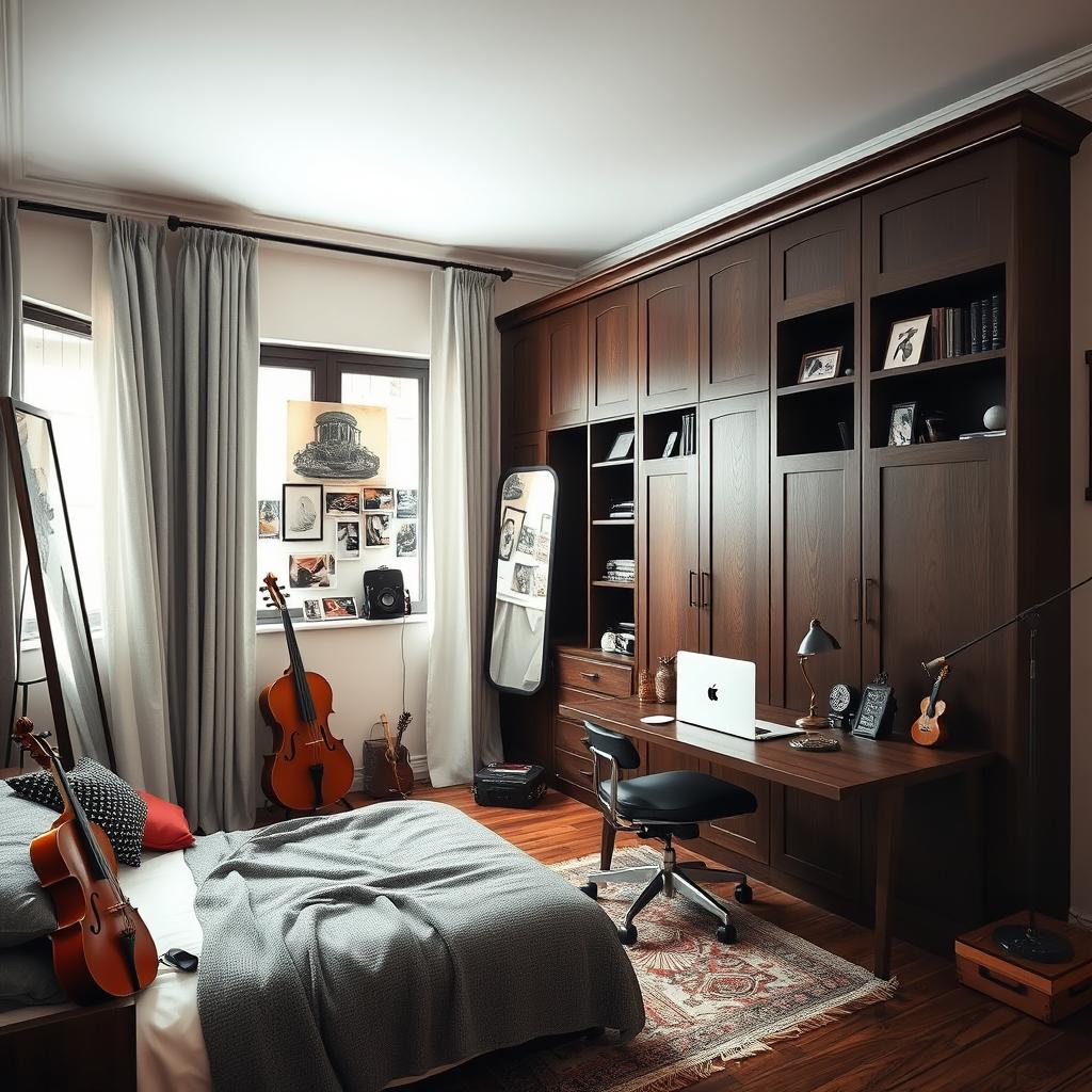 A cozy 15-square-meter room with a rich dark wood theme and white walls adorned with vintage photographs and Polaroids