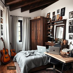 A cozy 15-square-meter room with a rich dark wood theme and white walls adorned with vintage photographs and Polaroids