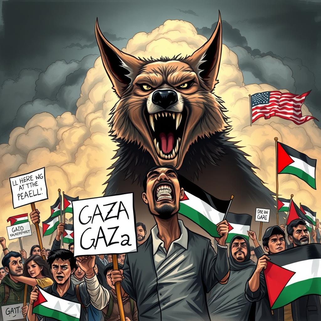 A powerful and expressive caricature depicting the resilience of the people of Gaza contrasted against the predatory nature of the Israeli regime, symbolized as a vampire wolf