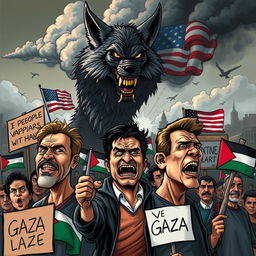 A powerful and expressive caricature depicting the resilience of the people of Gaza contrasted against the predatory nature of the Israeli regime, symbolized as a vampire wolf