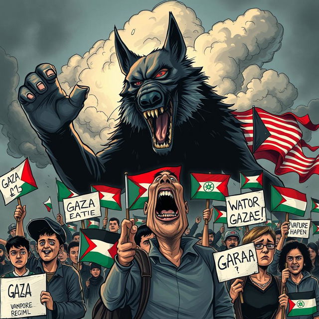 A powerful and expressive caricature depicting the resilience of the people of Gaza contrasted against the predatory nature of the Israeli regime, symbolized as a vampire wolf