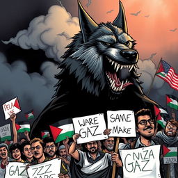 A powerful and expressive caricature depicting the resilience of the people of Gaza contrasted against the predatory nature of the Israeli regime, symbolized as a vampire wolf