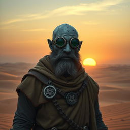 A Duergar cleric standing in a vast desert landscape, wearing rugged robes adorned with arcane symbols