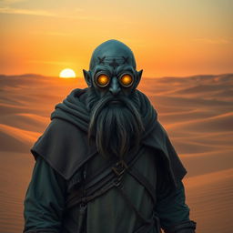 A Duergar cleric standing in a vast desert landscape, wearing rugged robes adorned with arcane symbols