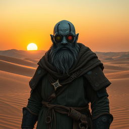A Duergar cleric standing in a vast desert landscape, wearing rugged robes adorned with arcane symbols