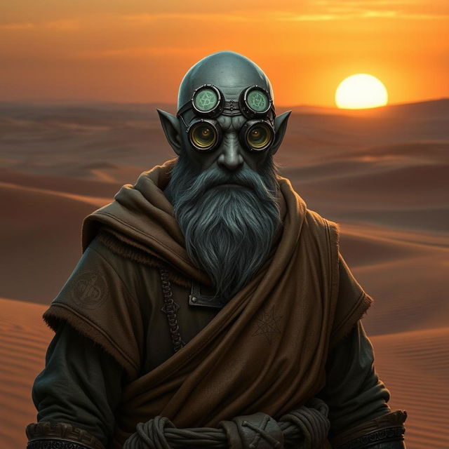 A Duergar cleric standing in a vast desert landscape, wearing rugged robes adorned with arcane symbols