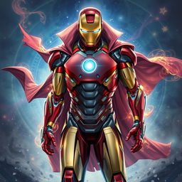 A stunning and dynamic illustration of Iron Man's Mark 87 armor, depicted with intricate details showcasing its nano-particles technology