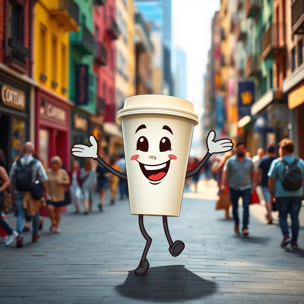 A cheerful coffee cup joyfully dancing in the middle of a bustling street
