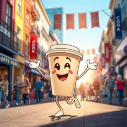 A cheerful coffee cup joyfully dancing in the middle of a bustling street