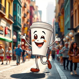 A cheerful coffee cup joyfully dancing in the middle of a bustling street