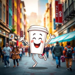 A cheerful coffee cup joyfully dancing in the middle of a bustling street