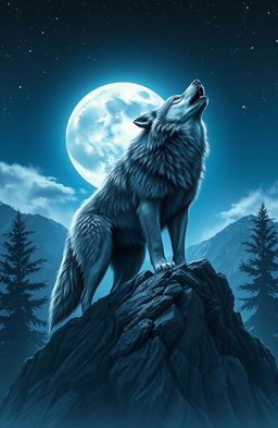 A powerful, majestic wolf standing on a rocky mountain peak, howling at a glowing full moon in a starry night sky