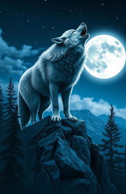 A powerful, majestic wolf standing on a rocky mountain peak, howling at a glowing full moon in a starry night sky