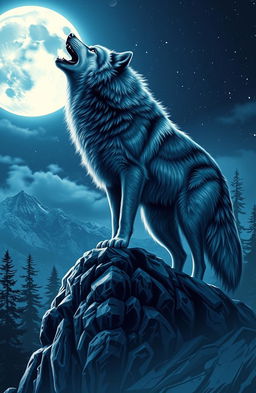 A powerful, majestic wolf standing on a rocky mountain peak, howling at a glowing full moon in a starry night sky