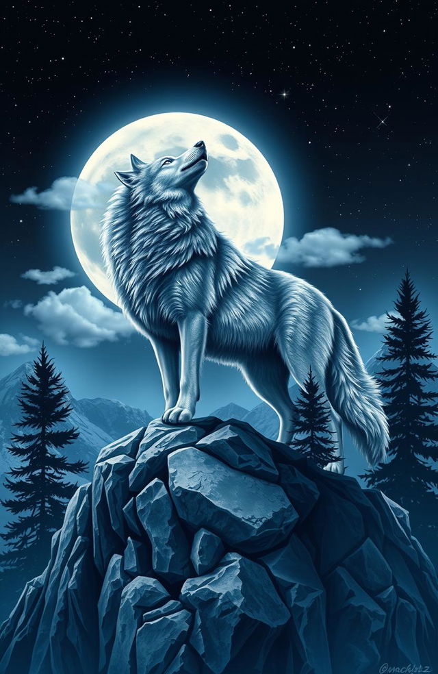 A powerful, majestic wolf standing on a rocky mountain peak, howling at a glowing full moon in a starry night sky