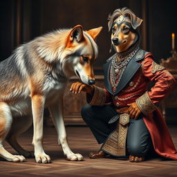 A striking image depicting a wild wolf bending down in a submissive position before an anthropomorphic dog dressed in luxurious attire, showcasing wealth with accessories like a shiny collar and a stylish outfit