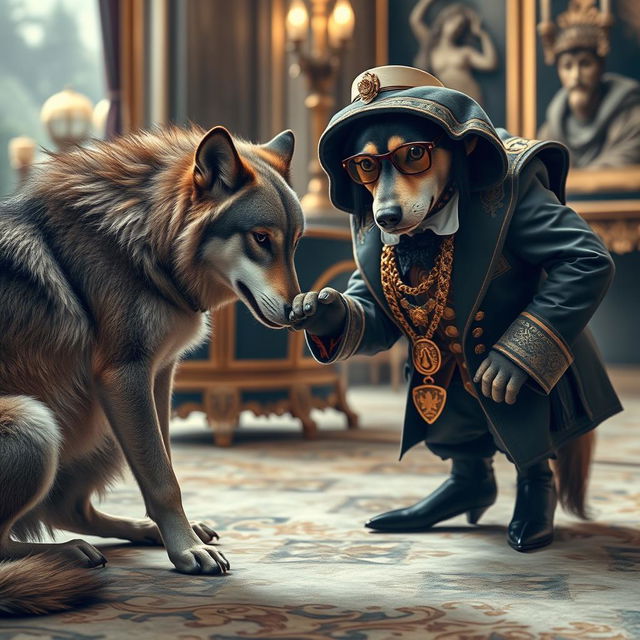 A striking image depicting a wild wolf bending down in a submissive position before an anthropomorphic dog dressed in luxurious attire, showcasing wealth with accessories like a shiny collar and a stylish outfit