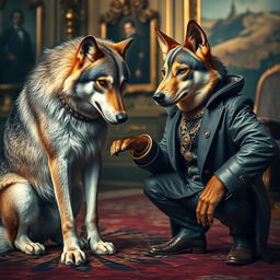 A striking image depicting a wild wolf bending down in a submissive position before an anthropomorphic dog dressed in luxurious attire, showcasing wealth with accessories like a shiny collar and a stylish outfit
