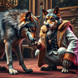 A striking image depicting a wild wolf bending down in a submissive position before an anthropomorphic dog dressed in luxurious attire, showcasing wealth with accessories like a shiny collar and a stylish outfit