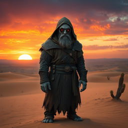 A Duergar cleric standing in a vast desert landscape, dressed in rugged, intricately designed robes decorated with mystical symbols