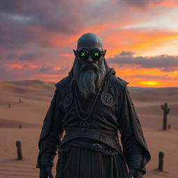A Duergar cleric standing in a vast desert landscape, dressed in rugged, intricately designed robes decorated with mystical symbols