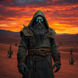 A Duergar cleric standing in a vast desert landscape, dressed in rugged, intricately designed robes decorated with mystical symbols