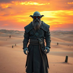 A Duergar cleric standing in a vast desert landscape, dressed in rugged, intricately designed robes decorated with mystical symbols