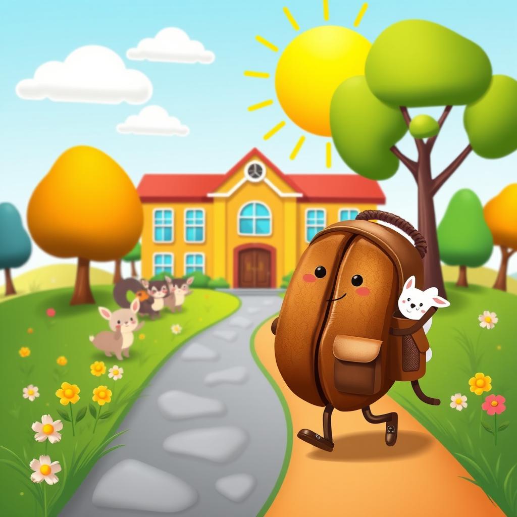 A whimsical and imaginative scene depicting a single roasted coffee bean wearing a tiny backpack, happily walking towards a colorful school building with a bright sun in the background