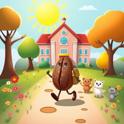 A whimsical and imaginative scene depicting a single roasted coffee bean wearing a tiny backpack, happily walking towards a colorful school building with a bright sun in the background