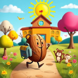 A whimsical and imaginative scene depicting a single roasted coffee bean wearing a tiny backpack, happily walking towards a colorful school building with a bright sun in the background