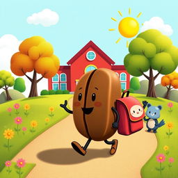 A whimsical and imaginative scene depicting a single roasted coffee bean wearing a tiny backpack, happily walking towards a colorful school building with a bright sun in the background