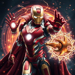 A dynamic and impressive image showcasing Iron Man's Mark 87 suit, enhanced with nano particles, intricately blended with Doctor Strange's mystical elements, including the Time Stone and his iconic cloak