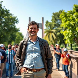 Ali Daei, a legendary Iranian football player, standing proudly on Baba Mahmoud Bridge, dressed in a casual yet stylish outfit