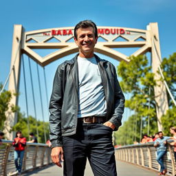 Ali Daei, a legendary Iranian football player, standing proudly on Baba Mahmoud Bridge, dressed in a casual yet stylish outfit