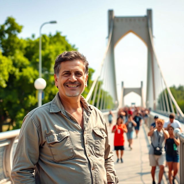 Ali Daei, a legendary Iranian football player, standing proudly on Baba Mahmoud Bridge, dressed in a casual yet stylish outfit