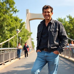 Ali Daei, a legendary Iranian football player, standing proudly on Baba Mahmoud Bridge, dressed in a casual yet stylish outfit