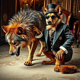 A striking image depicting a fierce, wild wolf with sharp fangs and an imposing presence, bending down in submission before an arrogant, wealthy dog adorned in fancy, luxurious attire