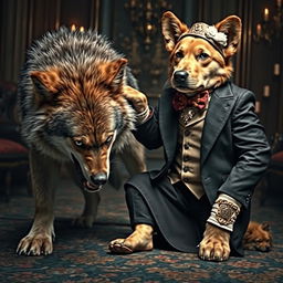A striking image depicting a fierce, wild wolf with sharp fangs and an imposing presence, bending down in submission before an arrogant, wealthy dog adorned in fancy, luxurious attire